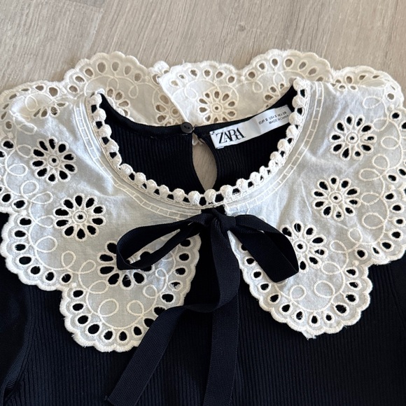 Zara Black Top with Cream Lace Bib Collar bow - Picture 5 of 10